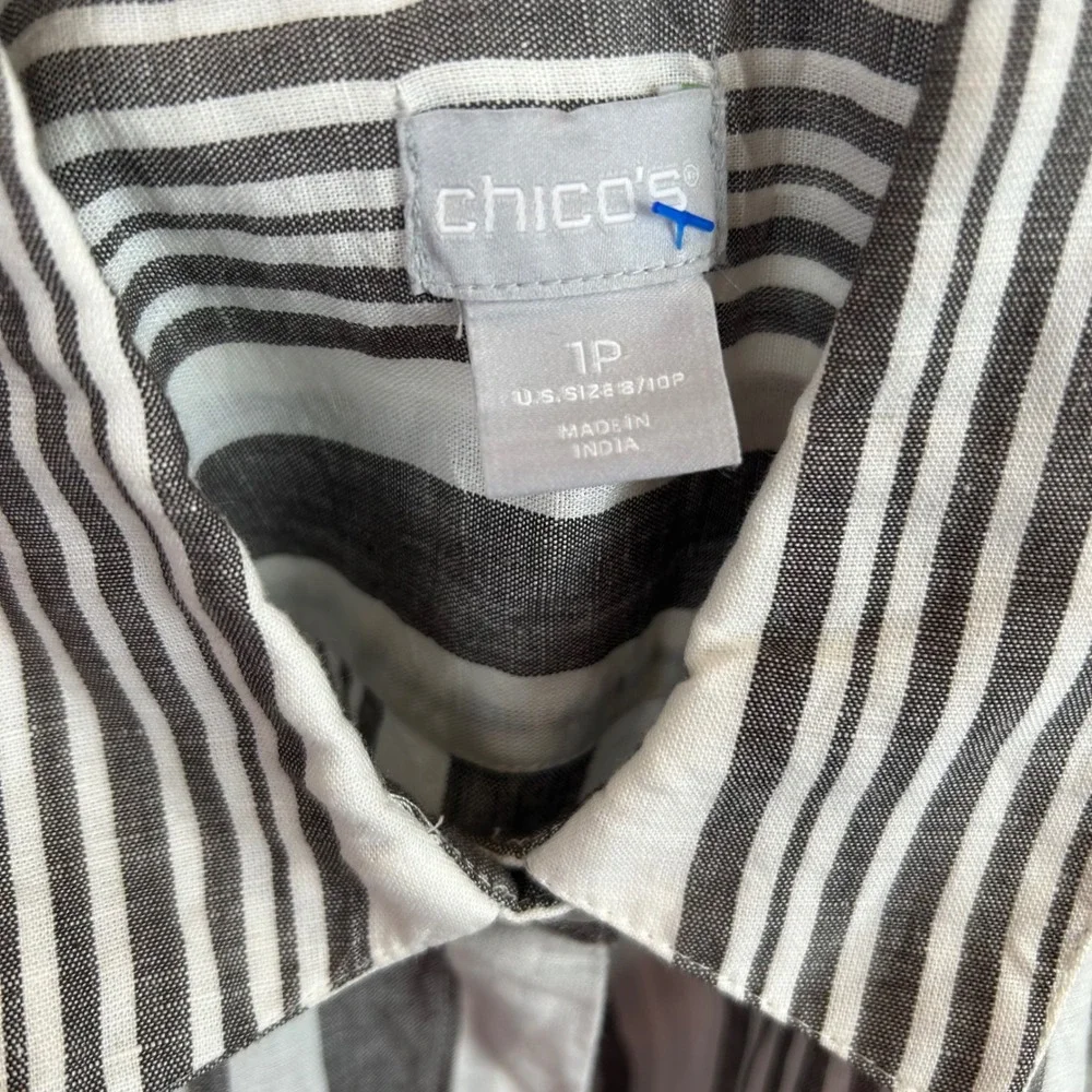 Chicos Striped Linen Cotton Swim Cover Up Shirt Dress Grey White Size 1P Medium‎